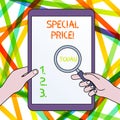 Handwriting text Special Price. Concept meaning selling at a price that is lower than usual Discounted Hands Holding