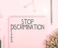 Text sign showing Stop Discrimination. Business overview Prevent Illegal excavation quarry Environment Conservation Royalty Free Stock Photo