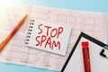 Text sign showing Stop Spam. Concept meaning end the Intrusive or Inappropriate messages sent on the Internet Reading Royalty Free Stock Photo