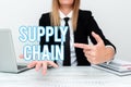 Hand writing sign Supply Chain. Business overview network between a company and suppliers in producing a product