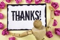 Handwriting text Thanks Motivational Call. Concept meaning Appreciation greeting Acknowledgment Gratitude written on Sticky Note P