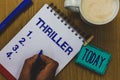 Handwriting text Thriller. Concept meaning Chilling frightful moments in life film and movie category Mug coffee paper marker pens