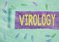 Handwriting text Virology. Concept meaning branch of science dealing with the variety of viral agents and disease Rolled