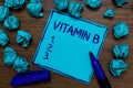 Handwriting text Vitamin B. Concept meaning Highly important sources and benefits of nutriments folate Cyan paper imagination idea