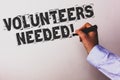 Handwriting text Volunteers Needed Motivational Call. Concept meaning Social Community Charity Volunteerism Advisors hand holding
