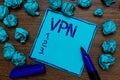 Handwriting text Vpn. Concept meaning Secured virtual private network across confidential domain protected Cyan paper imagination