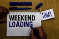 Handwriting text Weekend Loading. Concept meaning Starting Friday party relax happy time resting Vacations Man holding marker note Royalty Free Stock Photo