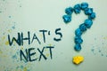 Handwriting text What s is Next. Concept meaning Asking whatever comes immediately after the present one Crumpled papers forming q Royalty Free Stock Photo