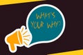 Handwriting text What S Your Why Question. Concept meaning annoyed and frustrated being confused and puzzles Megaphone