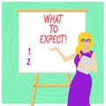 Handwriting text What To Expect. Concept meaning asking about regard something as likely to happen occur White Female in Royalty Free Stock Photo