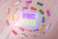 Handwriting text Wind Power. Concept meaning use of air flowto provide mechanical power to turn generators Colored Royalty Free Stock Photo