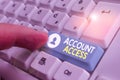 Handwriting text writing Account Access. Concept meaning having permission to use particular data on a computer