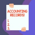 Handwriting text writing Accounting Records. Concept meaning Manual or computerized records of assets and liabilities