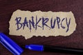 Handwriting text writing Bankrupcy. Concept meaning Company under financial crisis goes bankrupt with declining sales written on T