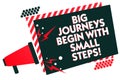 Handwriting text writing Big Journeys Begin With Small Steps. Concept meaning One step at a time to reach your goals Megaphone lou Royalty Free Stock Photo