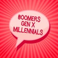 Handwriting text writing Boomers Gen X Millennials. Concept meaning generally considered to be about thirty years Pink speech bubb