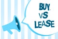 Handwriting text writing Buy Vs Lease. Concept meaning Own something versus borrow it Advantages Disadvantages Megaphone loudspeak