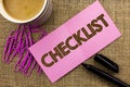 Handwriting text writing Checklist. Concept meaning Todolist List Plan Choice Report Feedback Data Questionnaire written on Pink S