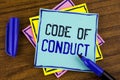 Handwriting text writing Code Of Conduct. Concept meaning Follow principles and standards for business integrity written on Sticky Royalty Free Stock Photo