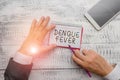 Handwriting text writing Dengue Fever. Concept meaning infectious disease caused by a flavivirus or aedes mosquitoes. Royalty Free Stock Photo