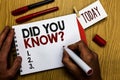 Handwriting text writing Did You Know question. Concept meaning Fun Facts and Figures Information General Knowledge Man holding ma Royalty Free Stock Photo
