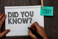 Handwriting text writing Did You Know question. Concept meaning Fun Facts and Figures Information General Knowledge Open notebook Royalty Free Stock Photo