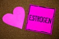 Handwriting text writing Estrogen. Concept meaning Group of hormones promote the development of female characteristics Cork backgr