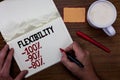 Handwriting text writing Flexibility 100 90 80. Concept meaning How much flexible you are maleability level Sticky note red pen co Royalty Free Stock Photo