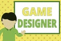 Handwriting text writing Game Designer. Concept meaning Campaigner Pixel Scripting Programmers Consoles 3D Graphics