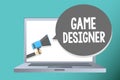 Handwriting text writing Game Designer. Concept meaning Campaigner Pixel Scripting Programmers Consoles 3D Graphics Man holding me Royalty Free Stock Photo