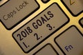 Handwriting text writing 2018 Goals 1. 2. 3.. Concept meaning Resolution Organize Beginnings Future Plans Golden keyboard with jet Royalty Free Stock Photo
