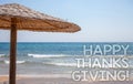 Handwriting text writing Happy Thanks Giving Motivational Call. Concept meaning congratulations phrase Holidays Blue beach water T Royalty Free Stock Photo