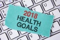 Handwriting text writing 2018 Health Golas. Concept meaning new year plan Workout healthy food Resolution goals written on tear St Royalty Free Stock Photo