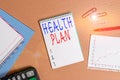 Handwriting text writing Health Plan. Concept meaning entity that provides coverage of designated health services Royalty Free Stock Photo