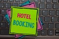 Handwriting text writing Hotel Booking. Concept meaning Online Reservations Presidential Suite De Luxe Hospitality Papers reminder Royalty Free Stock Photo