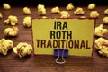 Handwriting text writing Ira Roth Traditional. Concept meaning are tax deductible on both state and federal Yellow sticky card cli