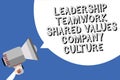 Handwriting text writing Leadership Teamwork Shared Values Company Culture. Concept meaning Group Team Success Man holding megapho Royalty Free Stock Photo