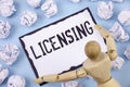 Handwriting text writing Licensing. Concept meaning Grant a license Legally permit the use of something Allow activity written on Royalty Free Stock Photo