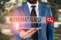 Handwriting text writing Nominations. Concept meaning action of nominating or state being nominated for prize Royalty Free Stock Photo