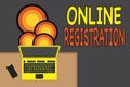 Handwriting text writing Online Registration. Concept meaning System for subscribing or registering via the Internet Upper view Royalty Free Stock Photo