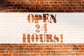 Handwriting text writing Open 24 Hours. Concept meaning Working all day everyday business store always operating Brick