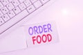 Handwriting text writing Order Food. Concept meaning the process of requesting a preferred food in a restaurant White pc