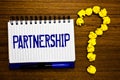 Handwriting text writing Partnership. Concept meaning Association of two or more people as partners Cooperation Unity Study notebo Royalty Free Stock Photo