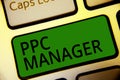 Handwriting text writing Ppc Manager. Concept meaning which advertisers pay fee each time one of their ads is clicked Keyboard gre