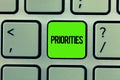 Handwriting text writing Priorities. Concept meaning Things that are regarded as more important urgent than others Royalty Free Stock Photo