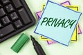 Handwriting text writing Privacy. Concept meaning Right to keep personal matters and information as a secret written on Sticky Not Royalty Free Stock Photo