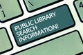 Handwriting text writing Public Library Search Information. Concept meaning Researching project investigation Keyboard