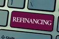 Handwriting text writing Refinancing. Concept meaning Finance again with new loans at a lower rate of interest