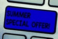 Handwriting text writing Summer Special Offer. Concept meaning product or service that is offered at a very low price Royalty Free Stock Photo