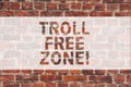Handwriting text writing Troll Free Zone. Concept meaning Social network where tolerance and good behavior is a policy